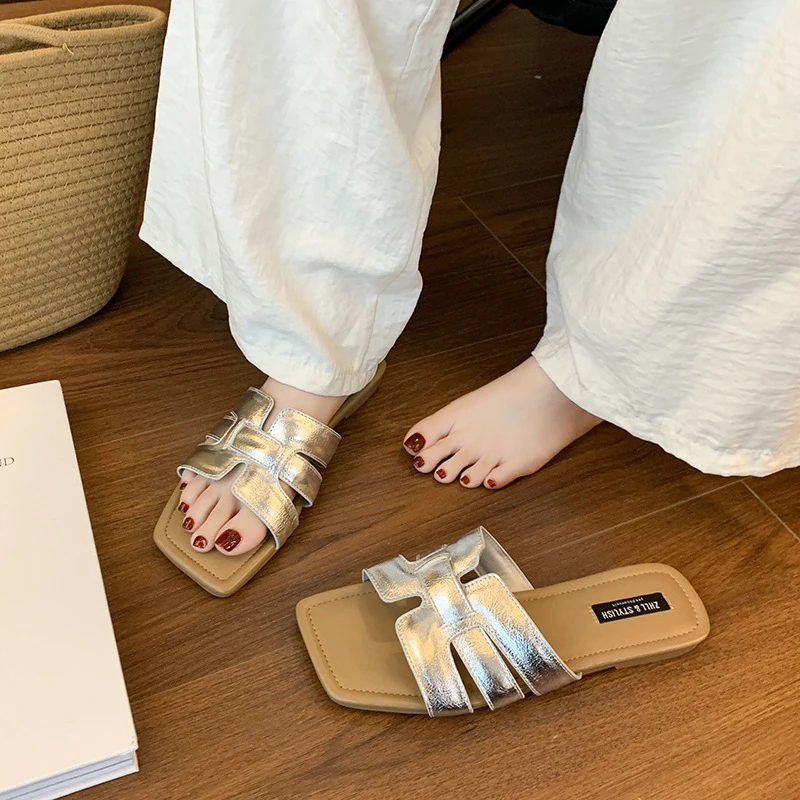 Sandals Square Toe Flat Sole Available In Black Silver And White Colors Casual Slip On Sandals For Summer Beach And Daily Wear