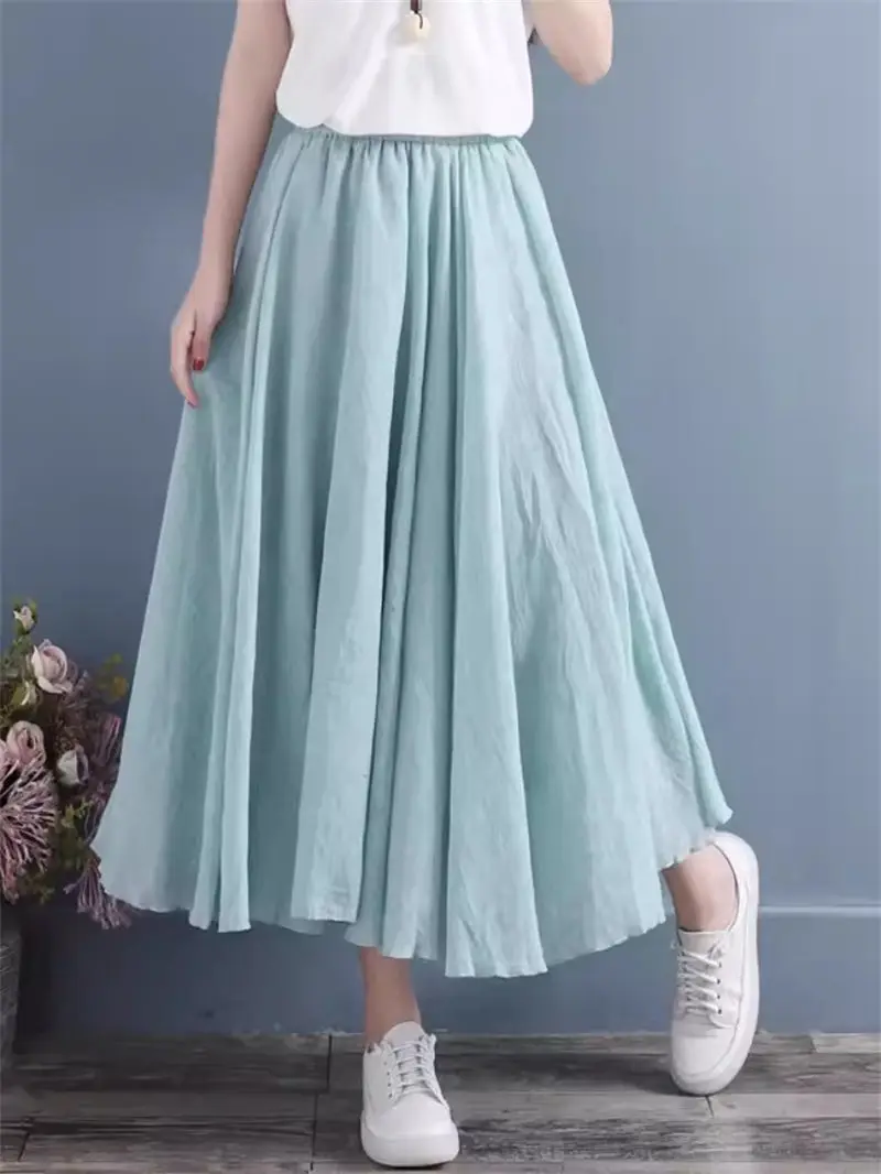 Rok Midi longgar elegan Retro sastra untuk wanita rok Linen dan katun longgar musim panas peri ringan tipis dua lapis rok A-Line k1725