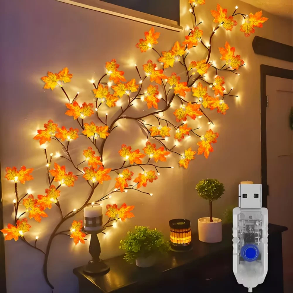 USB Maple Leaf Twig Branch Garland 48 LED Autumn String Lights Flexible Vine with 8 Lighting Modes for Indoor Thanksgiving Decor