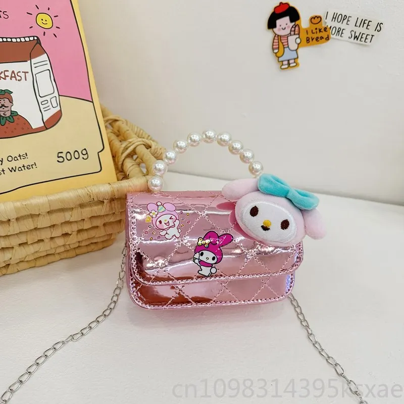 Sanrio PU Leather Shoulder Bag for Women Girl Hello Kitty Kuromi Melody Purses and Handbags Sliver Fashion Trend