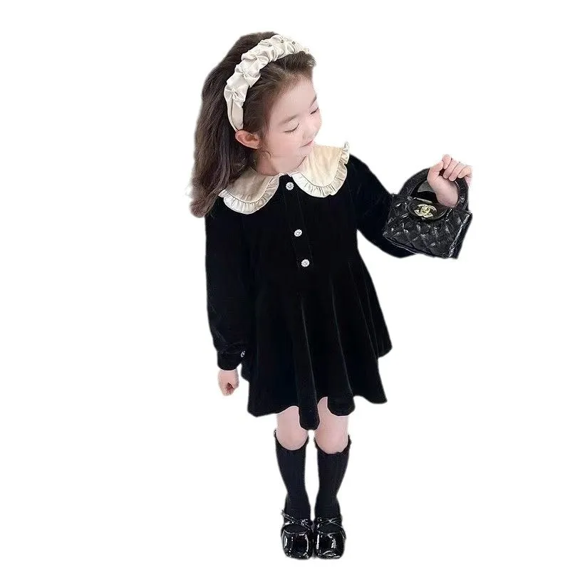 2026 spring Girls Dresses Kids Autumn Velvet corduroy Gown Princess Black Party Vestidos Children Long Sleeve A-LINE 5 8 10 year