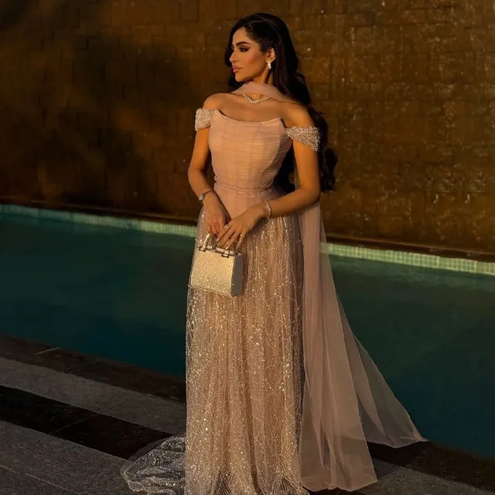 

Customized High Quality Floor Length Zipper Women Wrinkle Off Shoulder Sequins Court Train Платье Вечернее 2025 Evening Dresses