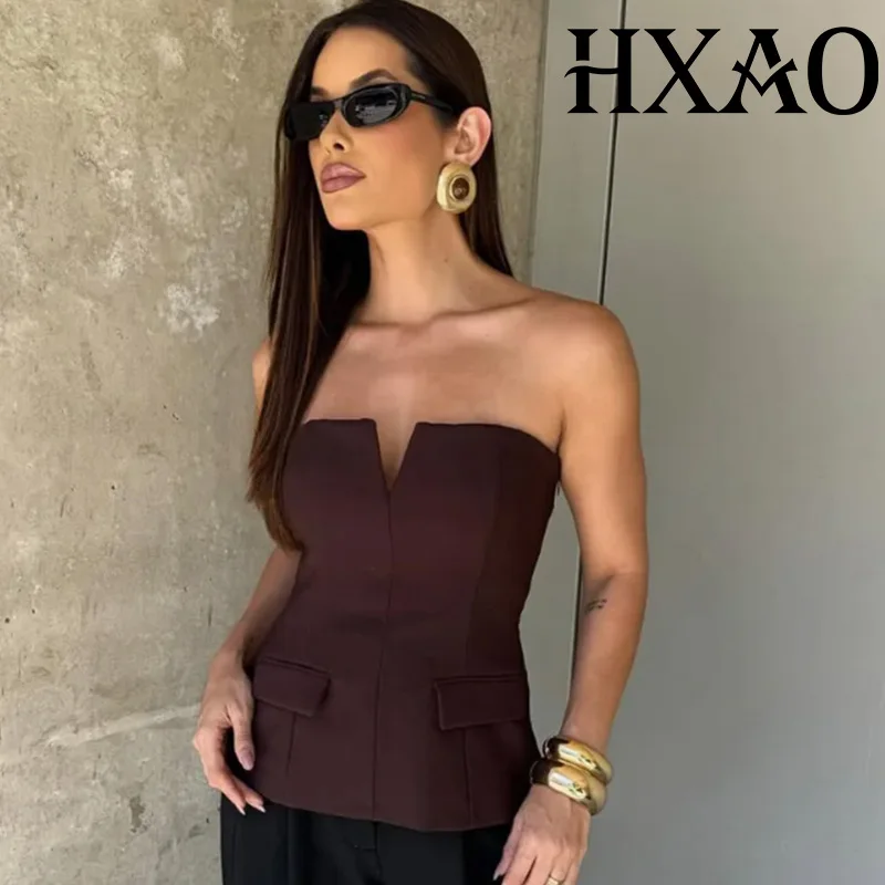 HXAO Strapless Tube Top Women Corset Sexy Crop Top Female Sleeveless Black White Red Brown Top Backless Short Tank Tops Bustier