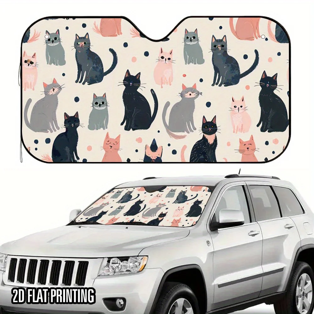 

1pc Cat Camo Car Sunshade With Cute Black/White/Brown Tabby Cats & Polka Dots - -Friendly Design, Easy Setup, Fits Most Cars, Fi