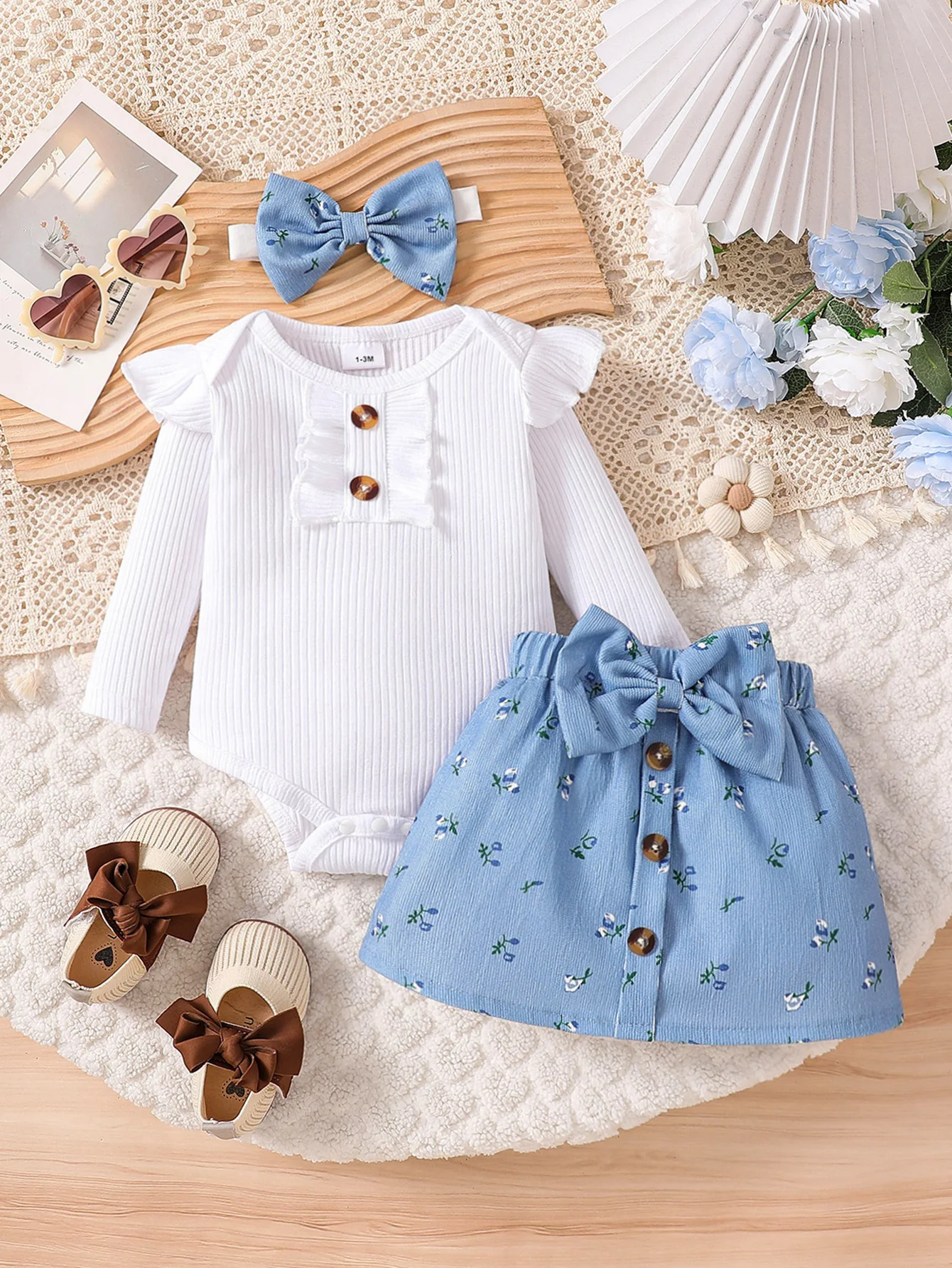 Baby girl's new spring and autumn knitted round neck ruffled long sleeved jumpsuit, blue corduroy short skirt set, and headband