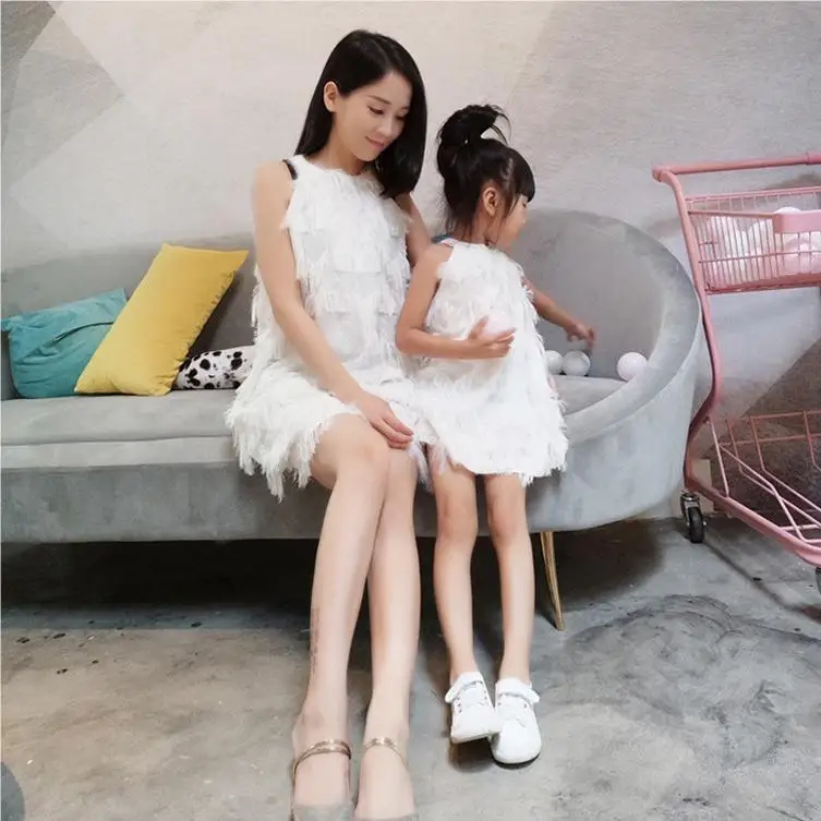 Mom and Daughter Dresses Wedding Sleeveless Dress Summer Mother and Daughter Clothes Birthday Party Matching Outfits Pink White