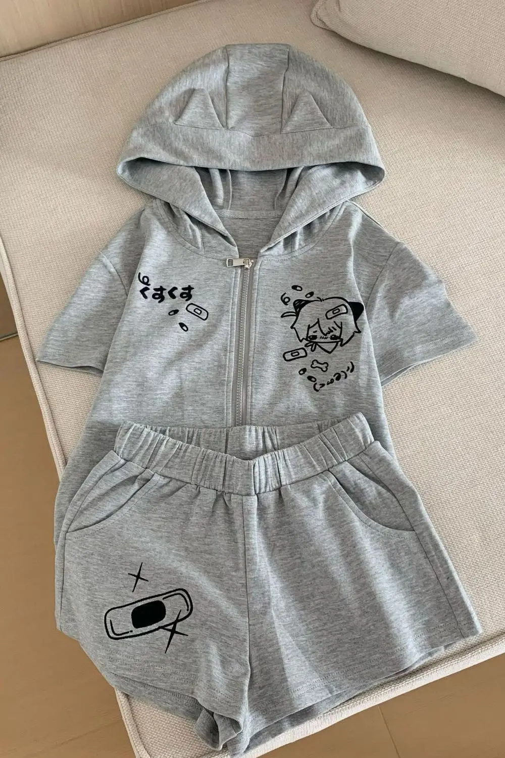 2000s Y2K Kawaii Cartoon-Printed Two-Piece Set: Cat Ear Hoodie & Shorts, Casual Cute Style with Japanese Anime Prints Sweet Girl view 2