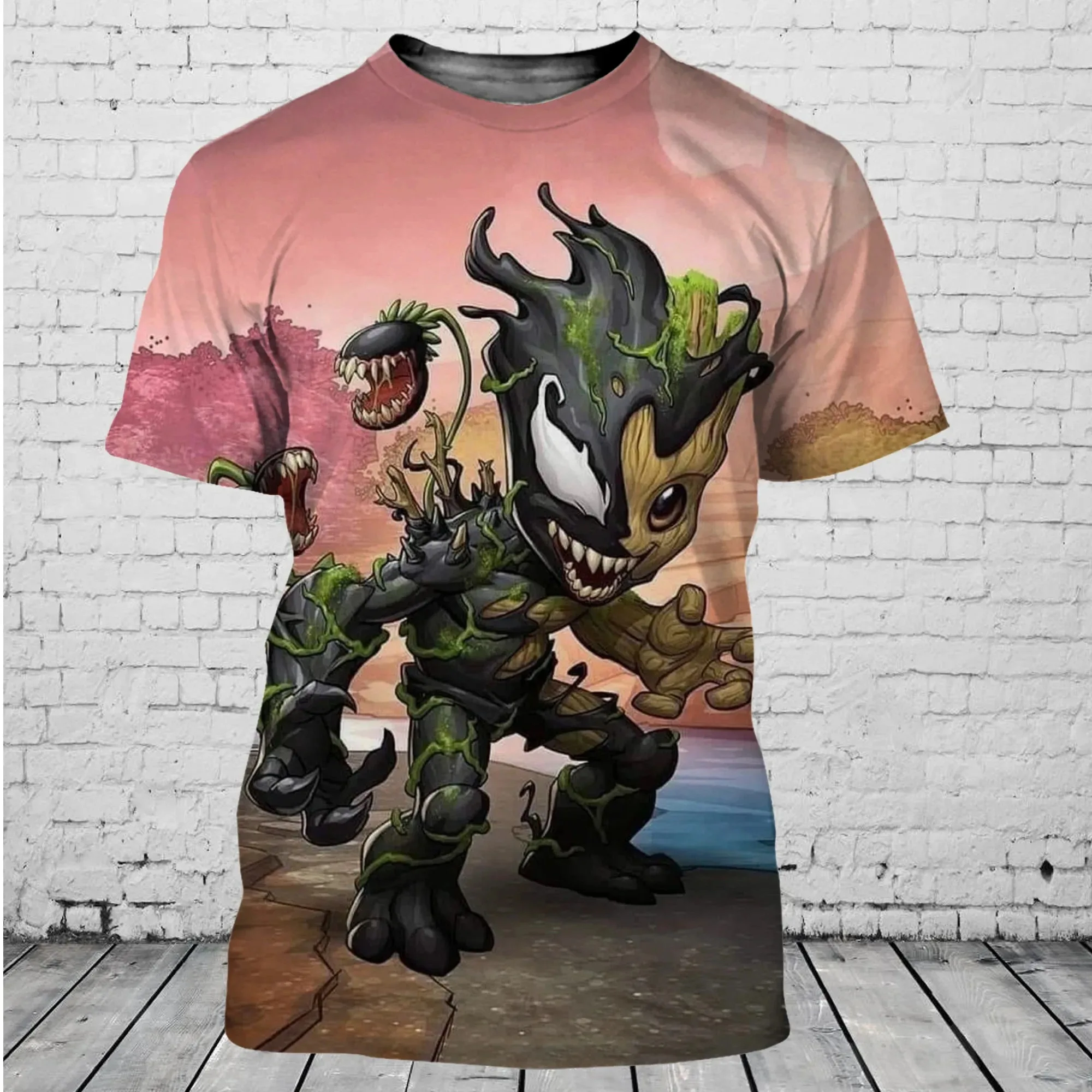 MINISO-T-shirt de Guardiões da Galáxia Groot masculina e feminina, manga curta, estilo casual, estampa 3D, streetwear de verão, tops de desenhos animados