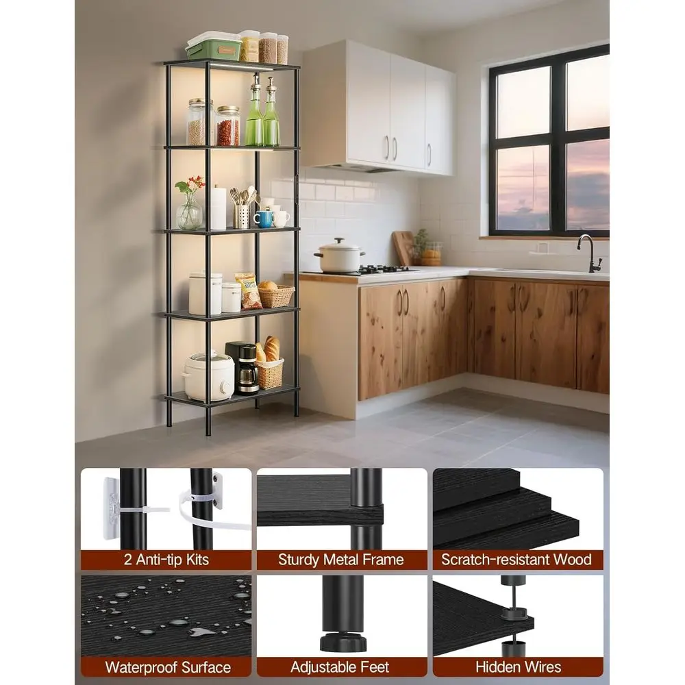 Modern 5-Tier LED Lighted Bookcase, Dimmable with Touch and Remote, 3 Color Modes, Sleek Black for Rooms and Offices