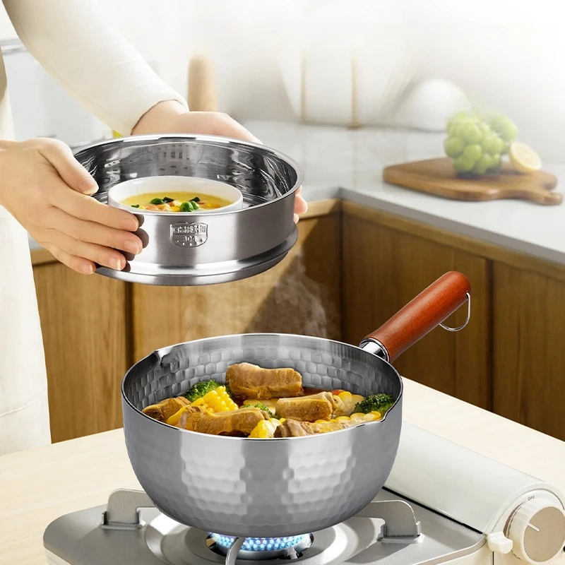 

18-10 Stainless Steel Solid Wood Handle Household Uncoated Soup Pot Baby Food Pot Japanese Noodles Cook Pot