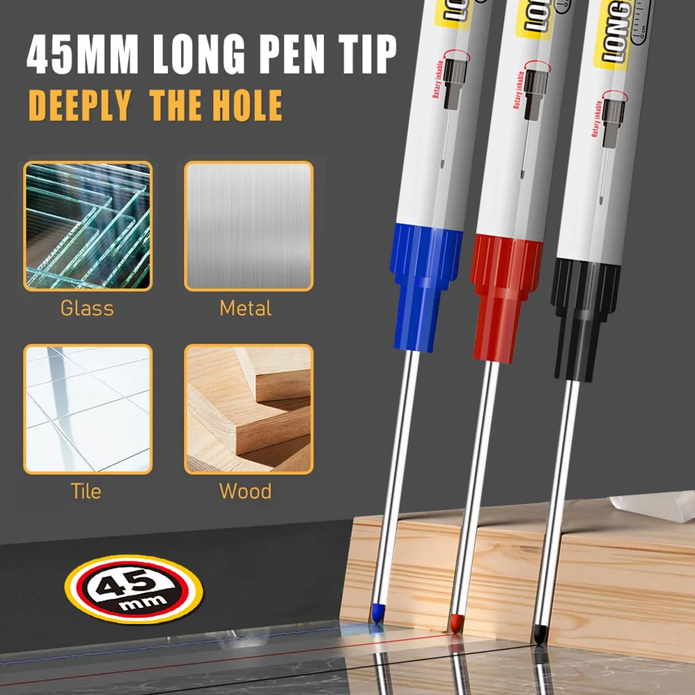 10 قطعة أقلام تحديد ذات فتحة عميقة برأس طويل، قلم تحديد معدني عميق الوصول 45 مم، قلم تحديد مقاوم للماء سريع الجفاف، أداة تحديد البناء #2