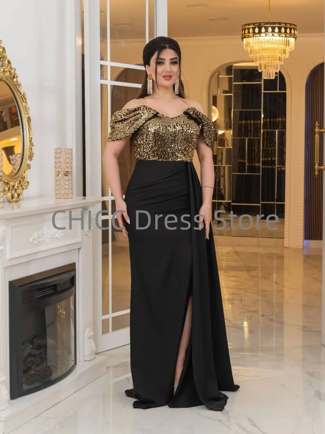 فساتين سهرة أنيقة مع ترتر بدون أكمام بدون حمالات سبليت للنساء فستان رسمي أسود حورية البحر للحفلات الراقصة حسب الطلب #2