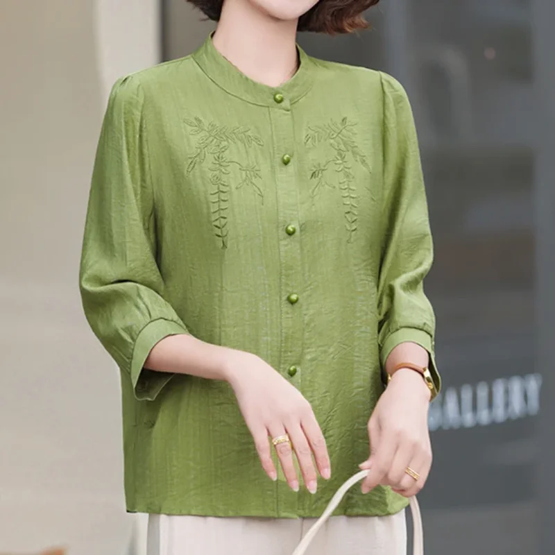 Women Linen Blend Embroidered Blouse Stand Collar 3/4 Sleeve Casual Mom Top