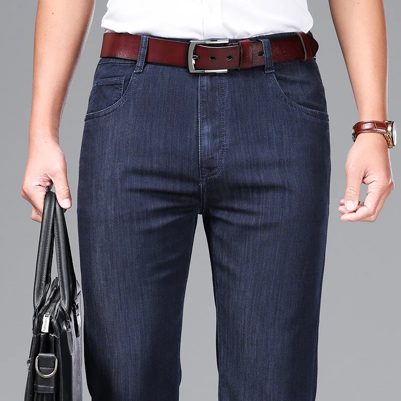 

2023 Summer New Men's Light Blue Stretch Straight-Leg Jeans Business Fashion High Waist Loose Denim Pants Male Brand Trousers