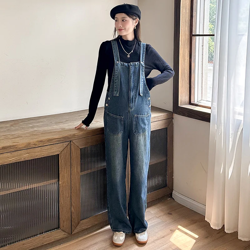 Vintage Washed Maternity หญิงตั้งครรภ์ Overalls Denim กางเกงยีนส์สีฟ้าเยาวชนการตั้งครรภ์ Jumpsuits หลวมขากว้างตรงกางเกง