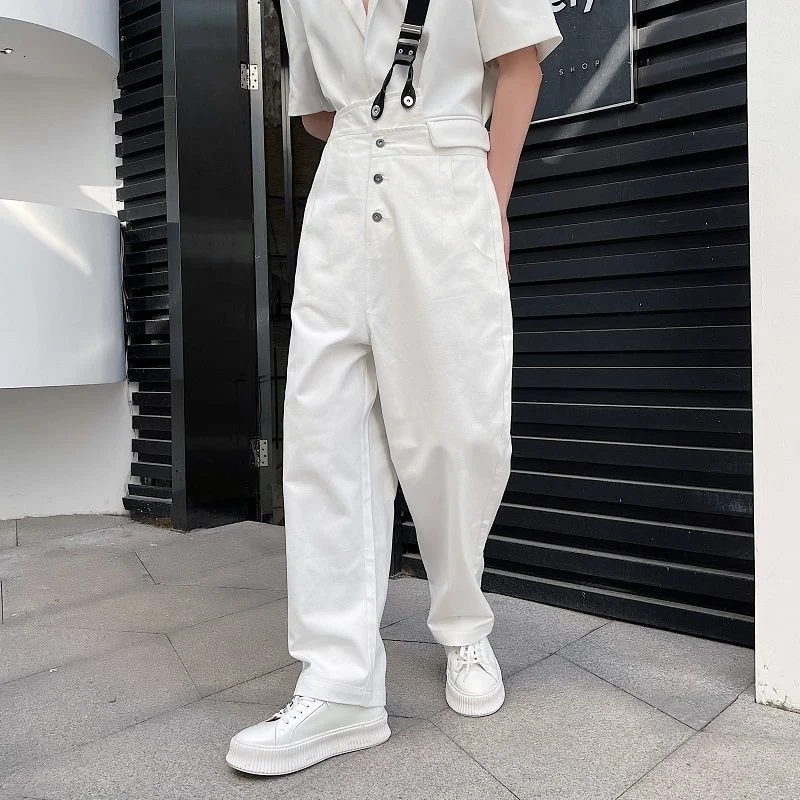 FEWQ 2023 New Japan Korean Style White Overalls Personality Elastic Strap Trend Loose Casual Pants Asymmetrical Design Trousers