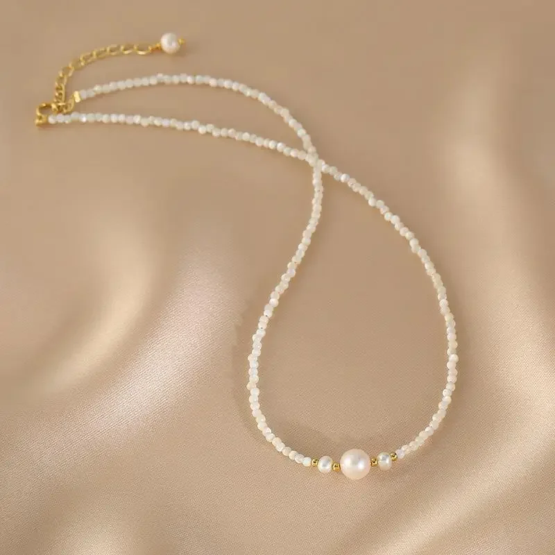 Minar Delicate Natural Freshwater Pearl Beads Chain Choker Necklaces for Women White Color Shell Pendant Necklace Daily Jewelry