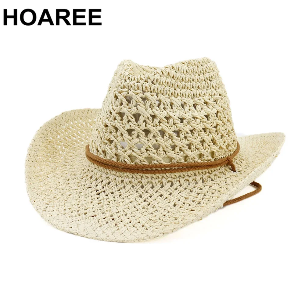 

HOAREE Women Sun Hat Western Cowboy Hat Cowgirl Summer Hats for Men Hollow Out Lady Straw Hat Brown Beach Cap Panama