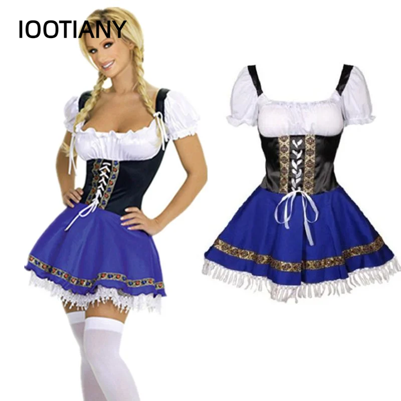 

Plue Size S -XXXL Real Pictures Womens German Blue Black White Oktoberfest Beer Maid Dirndl Wench Fancy Dress Costume