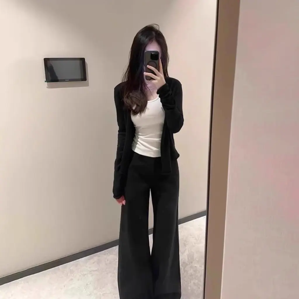 

Women's Black Cardigan with Sling Thin Summer Sunscreen Blouse Tulle Top Ice Silk Short Outer Wear Blouse