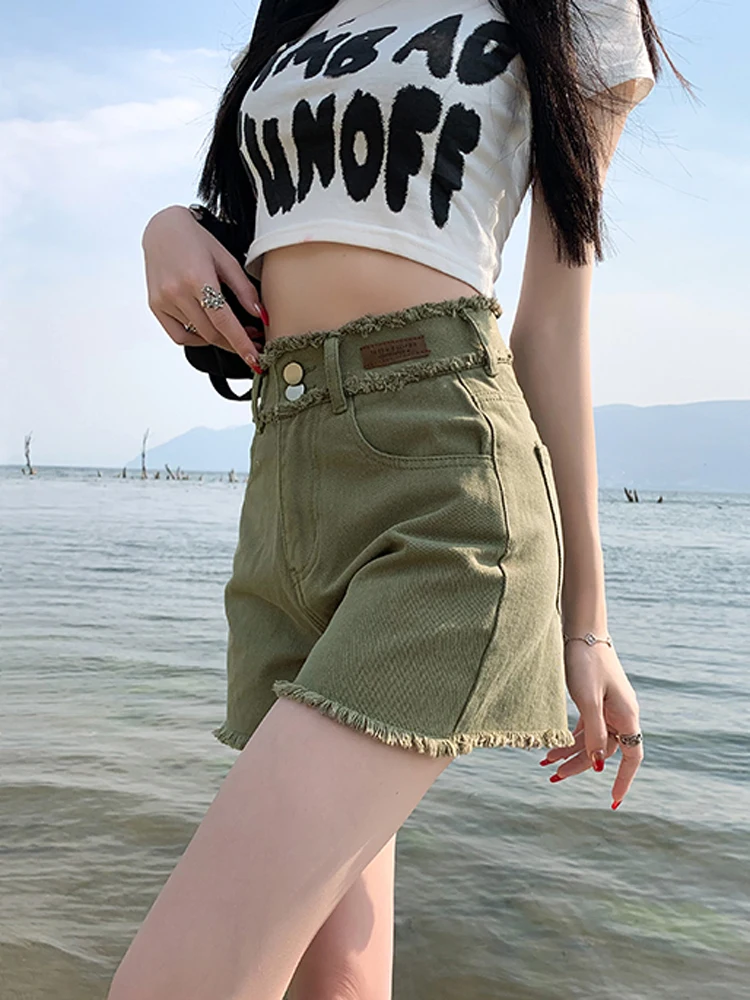 Flash borda rosa denim shorts para mulheres verão fino retro cintura alta magro solto pernas largas a linha picante menina peludo cowbody calças