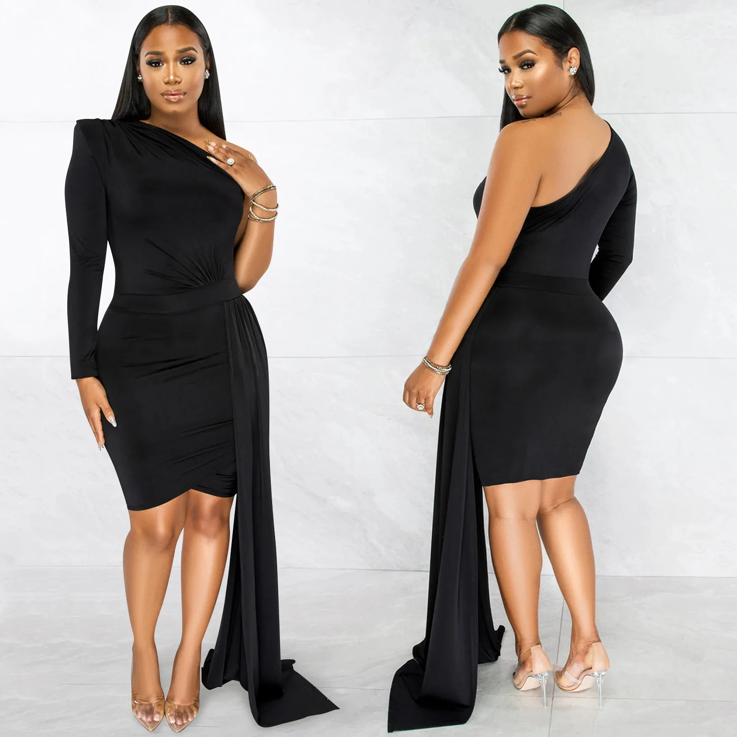 Nieuwe mode effen kleur enkele mouw casual diagonale kraag jurk dameskleding slank temperament sexy high-end kleding danc