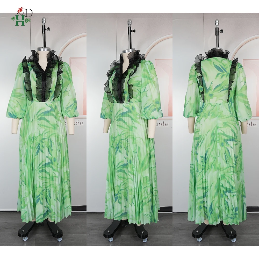 فستان ماكسي بطبعة زهور أفريقية من H&D مع ياقة مكشكشة سوداء وأكمام منتفخة وتصميم تنورة مطوية لحفلات الحديقة والارتداء اليومي #4