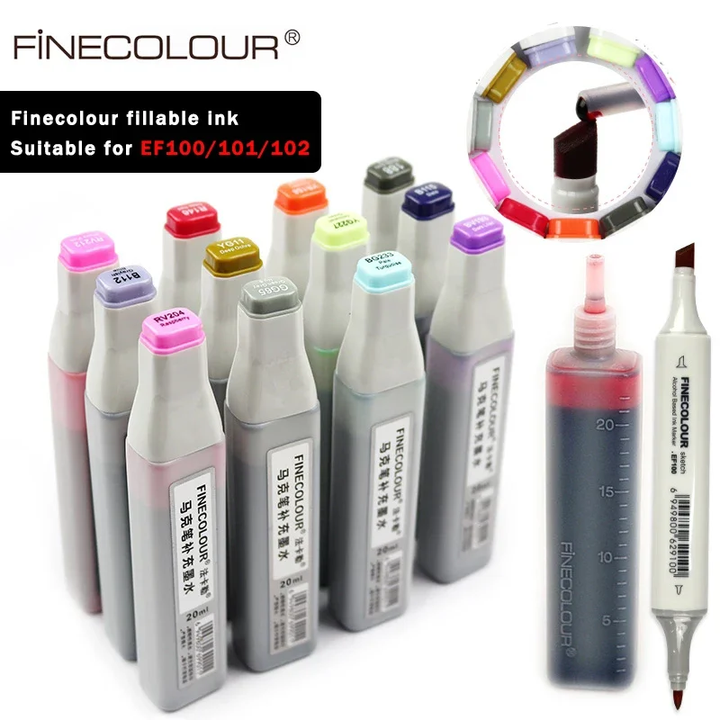 

Finecolour Oily Alcoholic Marker Ink EF100/101/102 Universal 20ML Replenishing/Supplement/Fillable Liquid Ink 480 Colors EF900