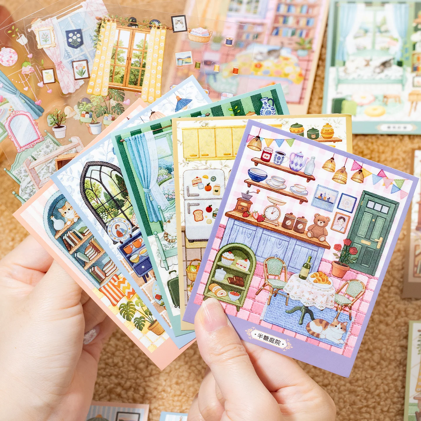 24Pcs Micro‑Scene Household Interior PET Sticker Book, Cartoon Kitten Furniture Landscape Stickers for DIY Diorama, Card‑Making