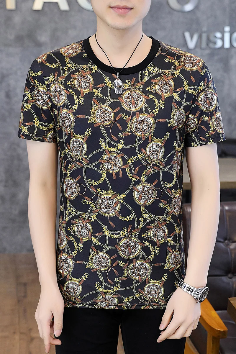 Luxury Gold Fancy Mens Short Sleeve Shirts Chain Horse Printed 2022 Summer Designer Clothing Unusual Products Party Club Wear