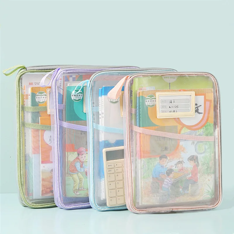 Saco de armazenamento de livro em forma de l grande capacidade transparente assunto de estudante sub-equipamento engrossado multi-camada saco de armazenamento de documentos