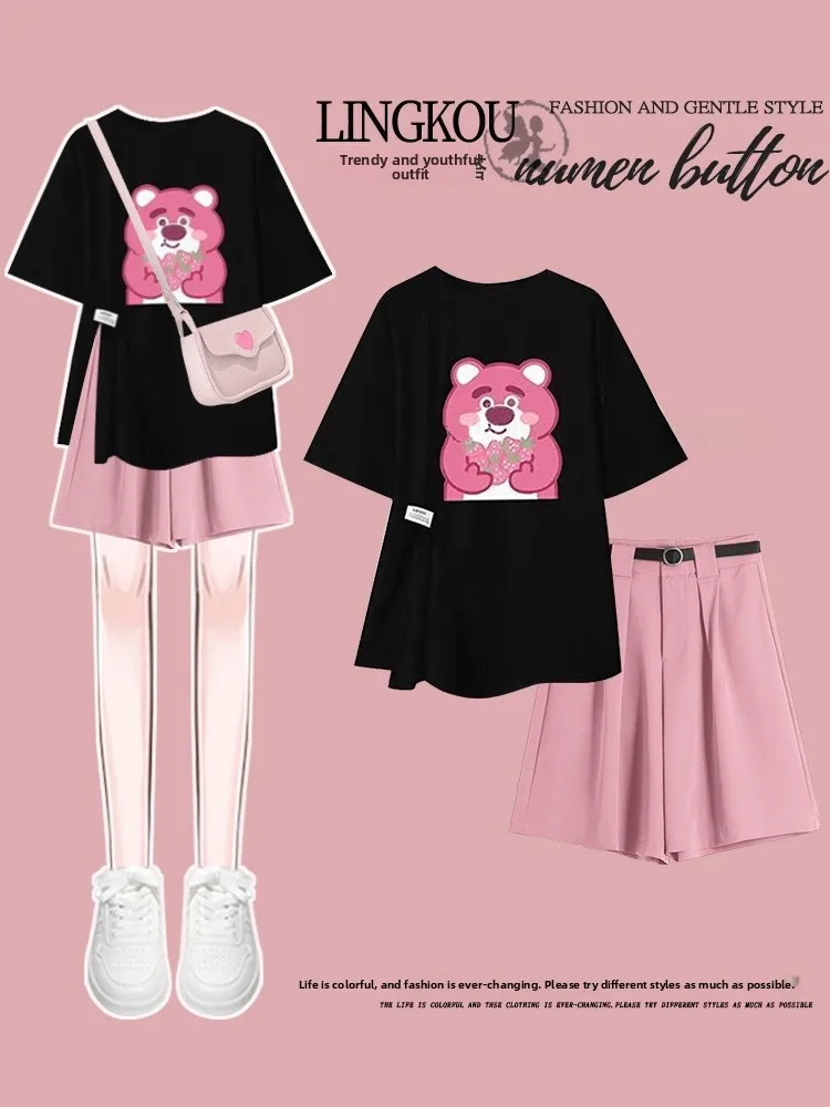 

plus Size Women's Summer Outfit Pink Loose Slimming Age-Defying Top And Shorts Two-Piece Set Fashionable Casual Wear