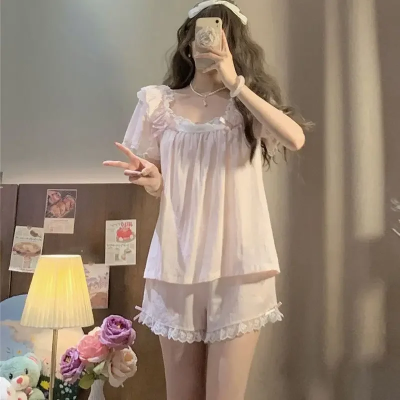 Summer Pullover Short Sleeved Shorts Pajamas Two-piece Set Women Lace Lacework Loungewear Suit Girls Sweet Bow Pink Sleepwear