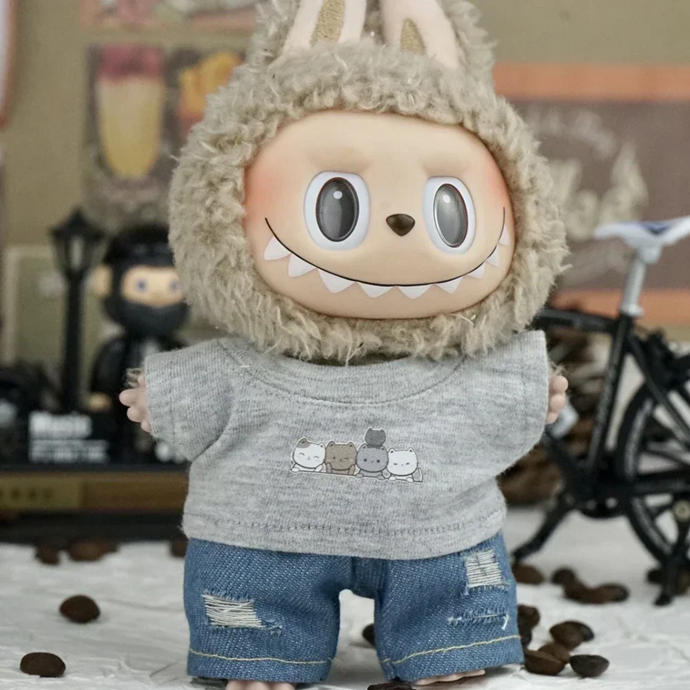 Bonito estilo japonês xadrez camisa jaqueta conjunto mini roupas de boneca de pelúcia acessórios para 17cm labubu ii bonecas roupas presente