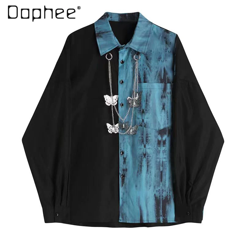 2025 Spring and Autumn New Chain Turn-down Collar Long Sleeve Men's Black Blue Shirt Loose Casual Couple Black Gray Shirt