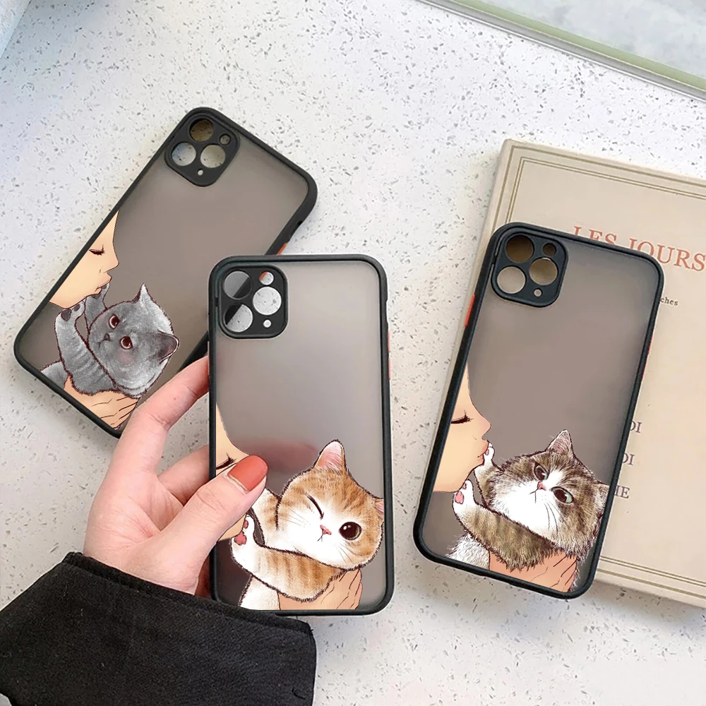 Girl Face No Kisses Cat Cute Matte Case For iPhone 14 13 Pro Max 12 11 Pro SE 2020 XS XR 7 8 Plus Luxury Fundas Clear Back Cover