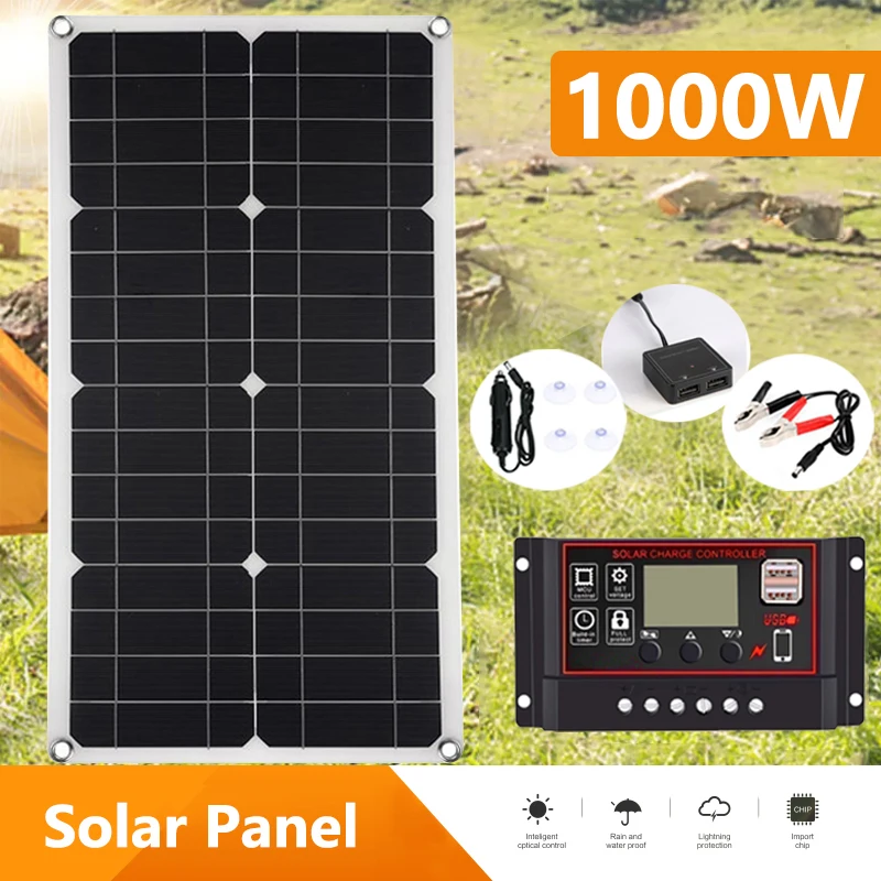 1000W Solor Panel Kit 12V18V Flexible Solar Cell with 100A Controller Solar Plate For Phone Camping RV Car Fast Battery Charger