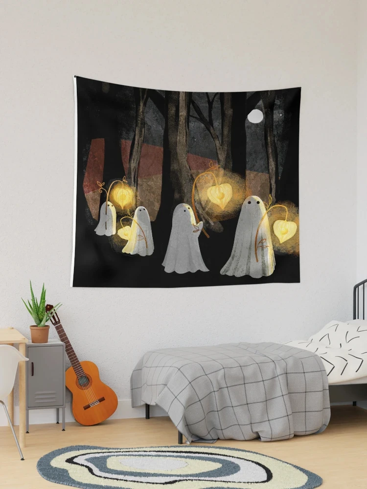 Ghost Lantern Forest Art Tapestry, Retro Dark Style Wall Hanging Fabric, Bedroom Dorm Background Cloth, Halloween Home Decor