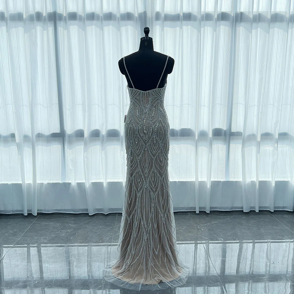YQLNNE 027 argent cristaux nus longues robes de bal bretelles perles perlées sirène robe de soirée