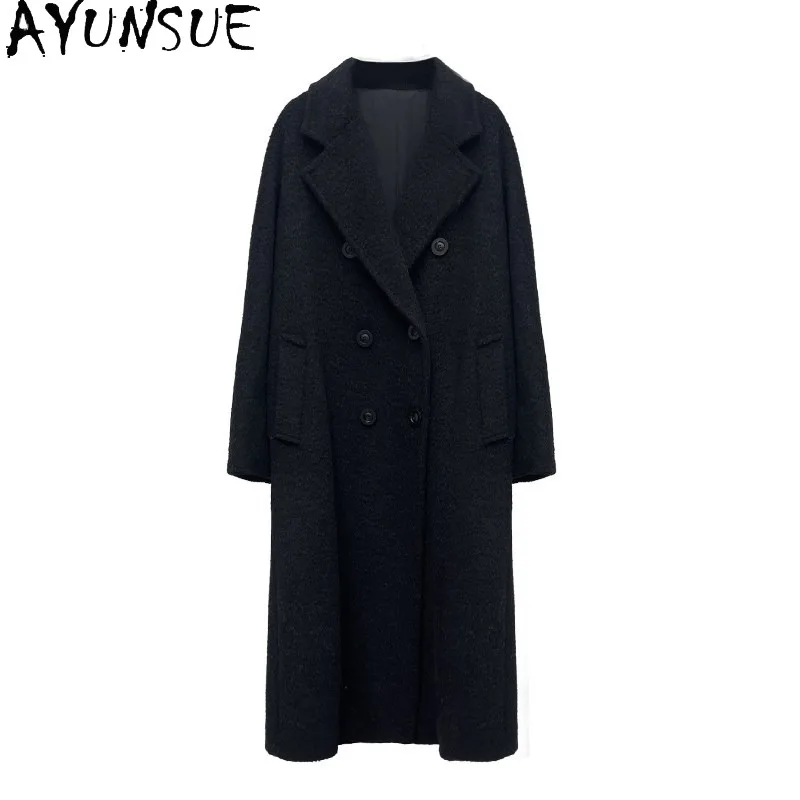 AYUNSUE Female Suri Alpaca Wool Coat Notched Lapel Collar Long Length Clothes Womens Winter Clothing Fashion Abrigos Para Mujer