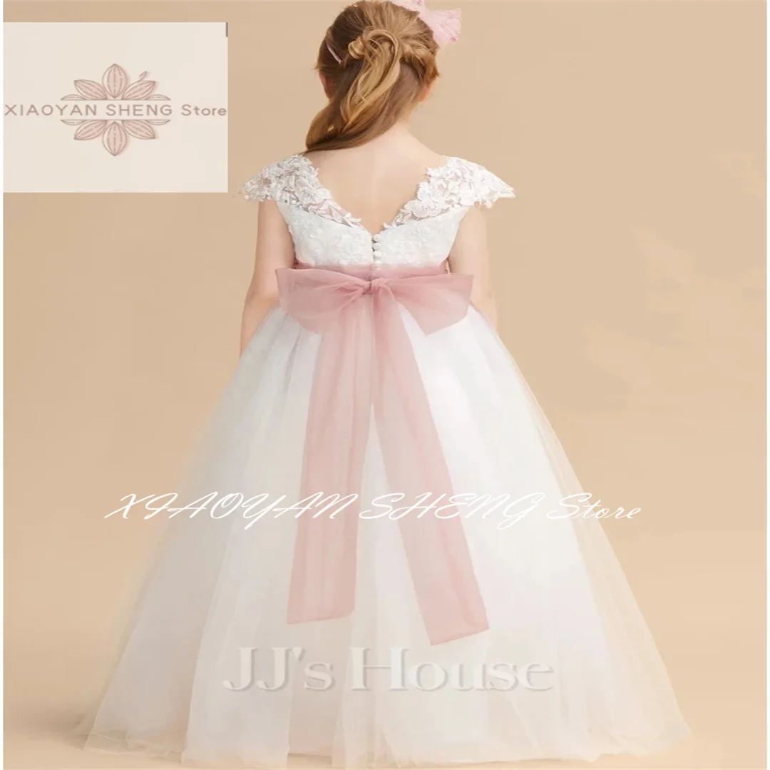 Flower Girl Dresses Tulle Appliques With Pink Bow Ribbon Sleeveless For Wedding Birthday Party Banquet Princess Gowns