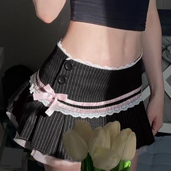 Minifaldas góticas con ribete de encaje, Falda plisada a rayas con lazo, cintura baja, Color a juego, pantalones de fiesta, Harajuku oscuro, Kwaii, Y2k