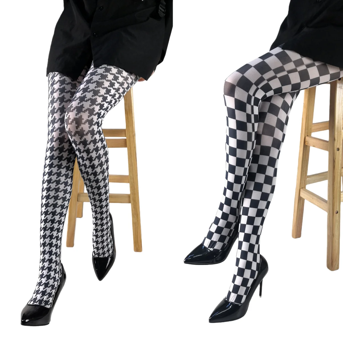 Black-and-White Checkerboard Patterned Tights for Women Houndstooth and Leopard Printed Colored Leopard Print and Ombre Leopard