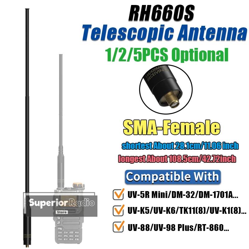 RH660S Telescopic Antenna SMA-Female 144MHz/430MHz Dual Band 28.1/108.5CM For UV-32 SW-9 DM-1701A UV-K5(8) Ham Radio Accessories