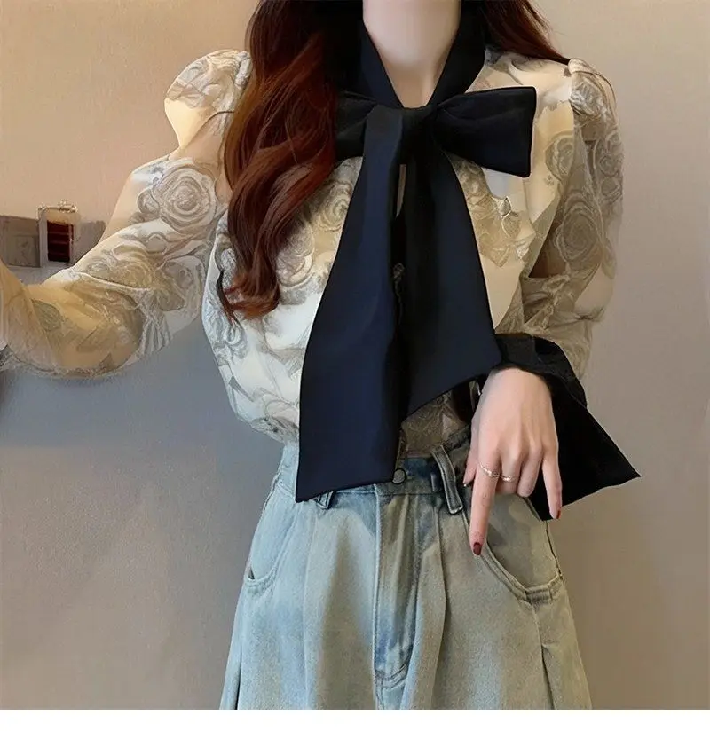 New Women Spliced bow Button Print Fashionable Loose and Versatile Casual Long-sleeved Blouses Shirts