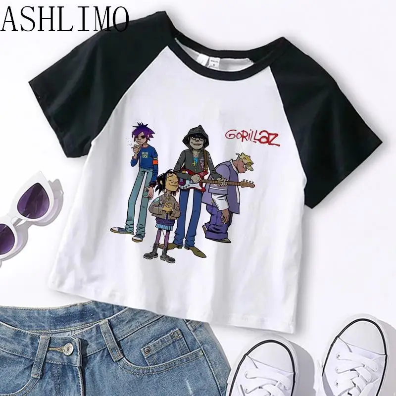 Gorillaz PUNK ROCK Music Band Women Summer 90s Crop Tops O-neck Short Sleeve T-shirts Clothes Shirt Vintage Y2K Bf Clothing Tee