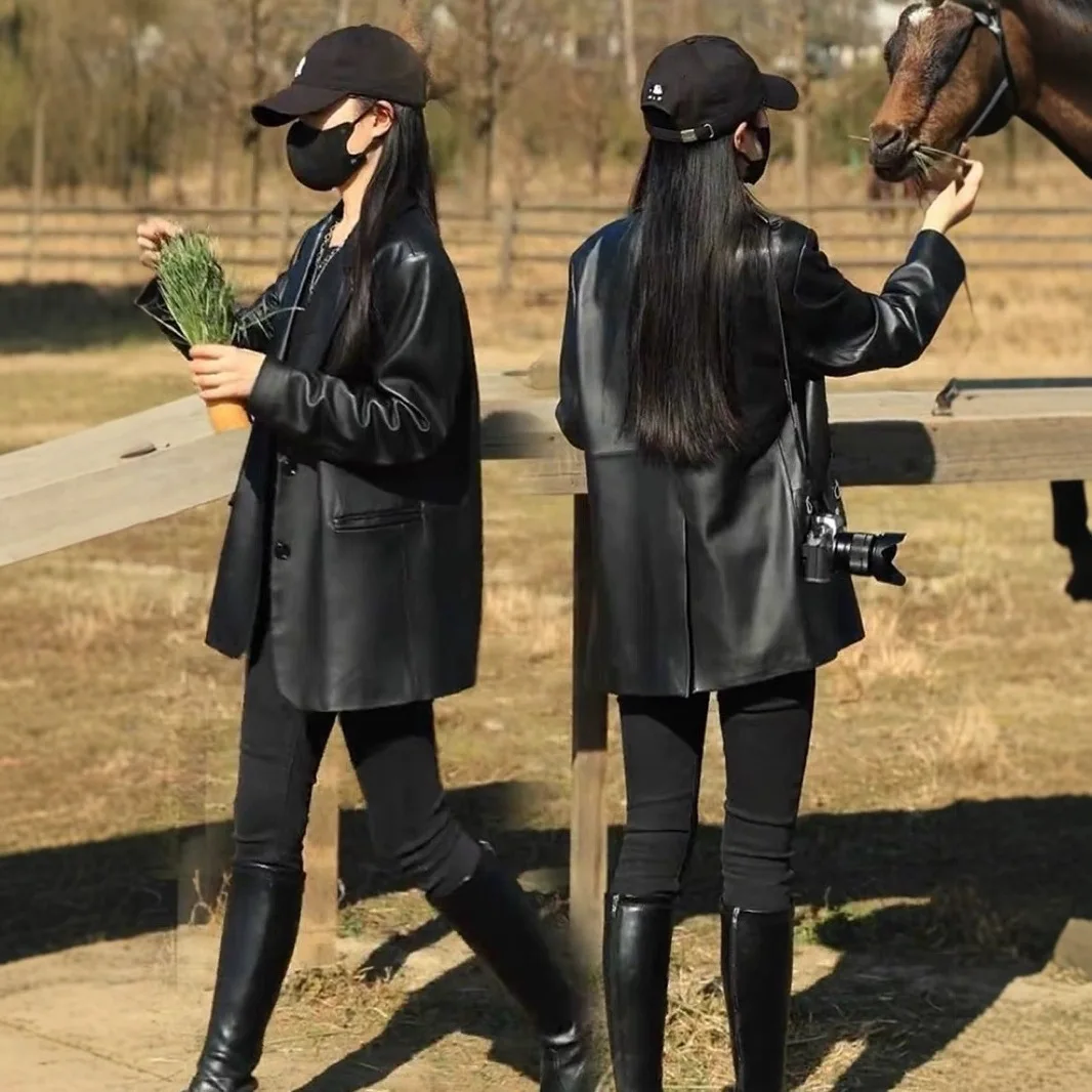 Casual Leather For Women 2025 Spring/Autumn Korean Style Biker Loose Fashionable Black Small Blazer PU Jacket