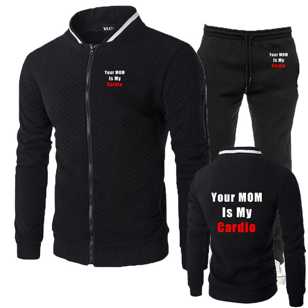 

2026 Your Mom Is My Cardio Gym Print Men's New Spring And Autumn Casual Slim-fit Set Zipper Cardigan + Long Pant Suit