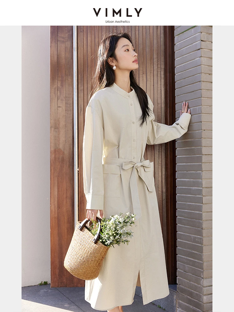 

Van Ximan Apricot Retro Stand-up Collar Pure Cotton Shirt Dress Women's Spring 2025 New Waist and Thin Skirt A0286