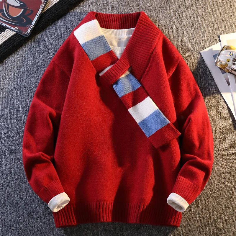 

Red Men Sweater Scarf V Neck Contrast Color Knit Pullover Autumn Winter Warm Christmas Gift Idea Lazy Style Men Sweatercoat